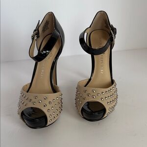 Rock & Republic Two-Tone Studded Peep-Toe Ankle Strap Heels - Black & Cream